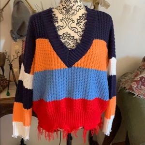 Soft Multi Colored Frayed V Neck Sweater